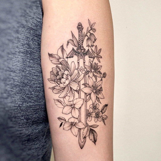 Sleeve flowers and sword tattoo